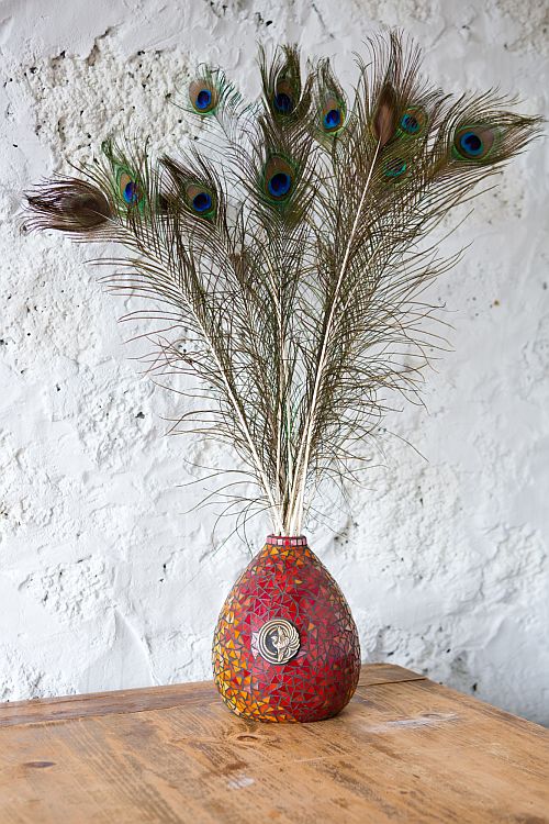 Red/orange/yellow vase with crane brooch