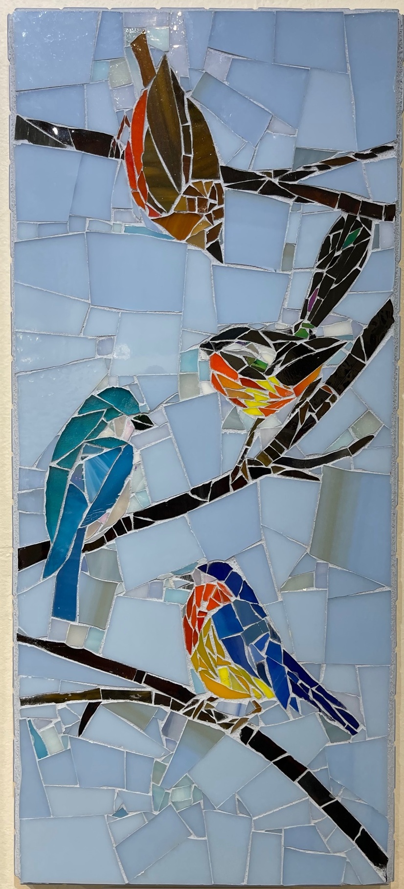 "Neighborhood Chatter" mosaic with 4 birds on branches