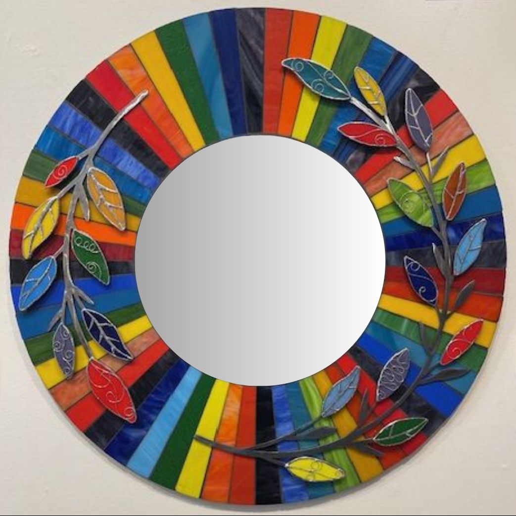 Rainbow Burst mirror w/ metal, fused & stained glass